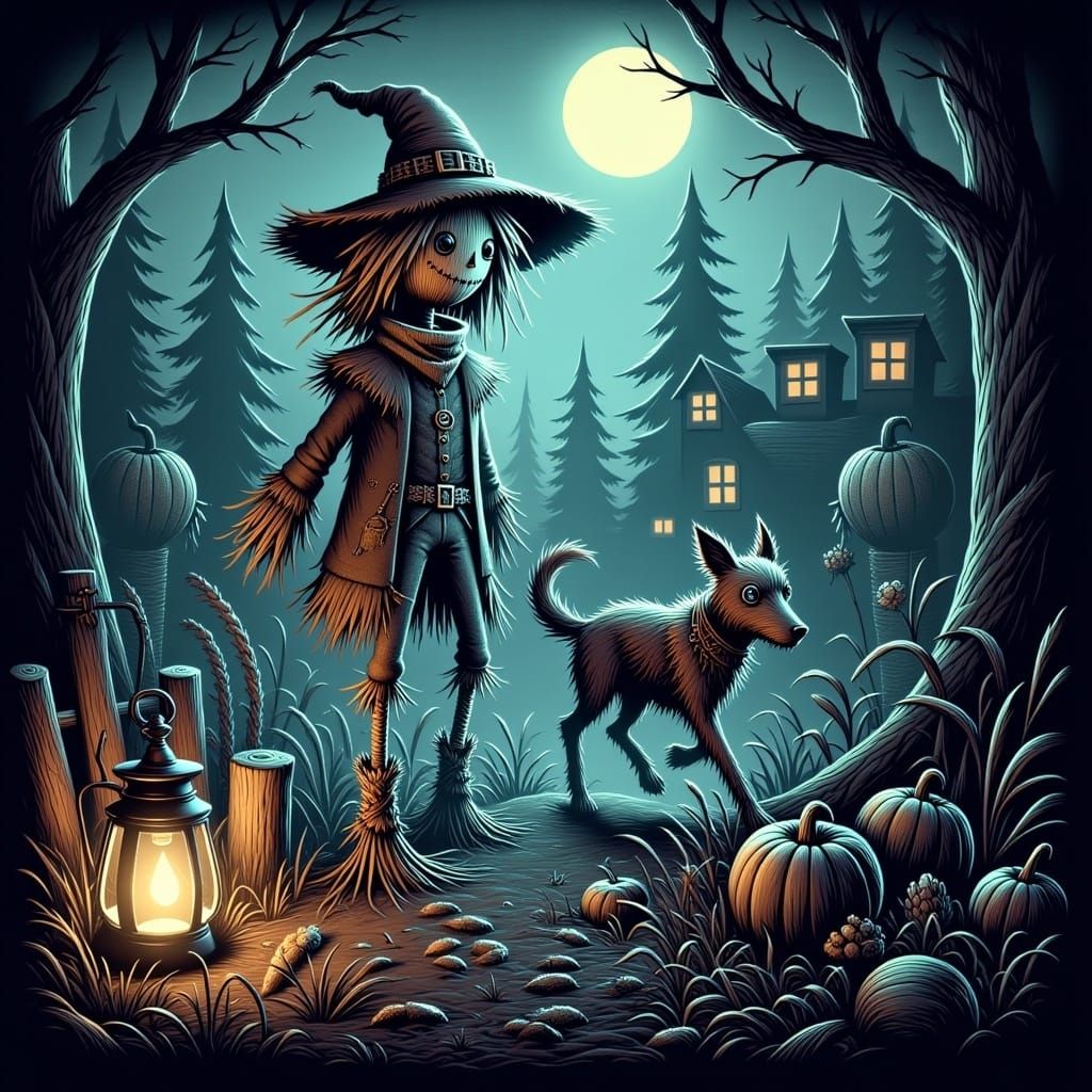 <lora:Steampunk Scarecrows:1.0> a witch walking her dog through the woods