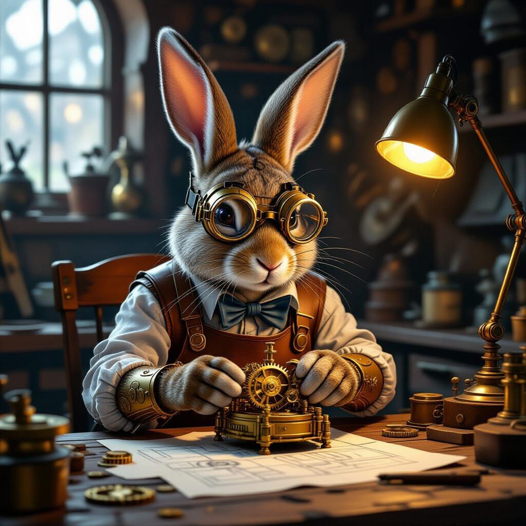 Concept art. A steampunk rabbit inventor in goggles and a leather apron, tinkering with a brass clockwork device in a cl...