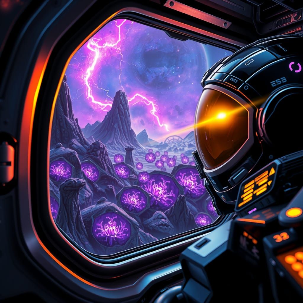 Alien hostile landscape seen through the window of a spaceship cinematic high resolution realistic skin ...  by @Len H
