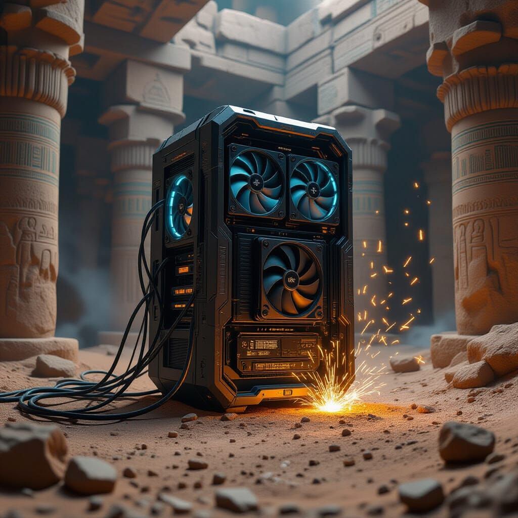 quantum pc with three fans is standing in dirt inside old egyptian catacombs cables running around and machine is throwing sparks around