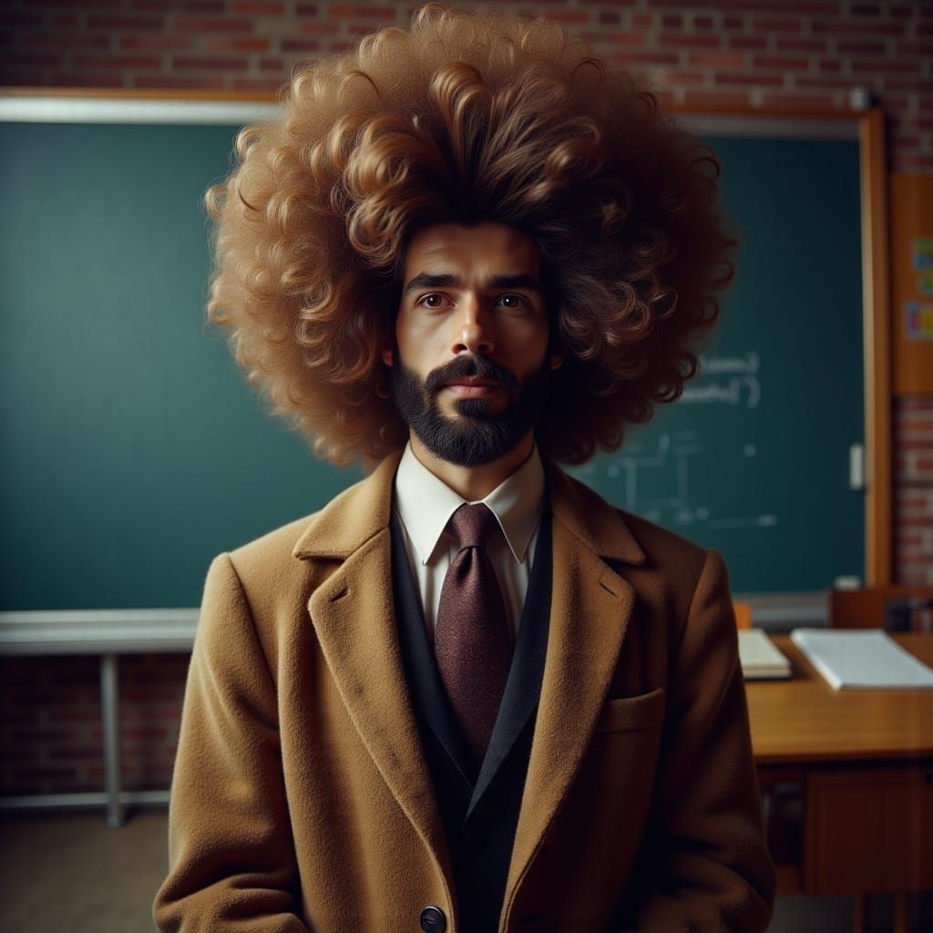  <lora:Big Flux Hair:1.0> professor with wild big hair, wearing a tweed jacket, classroom chalkboard in the background, volumetric lighting 