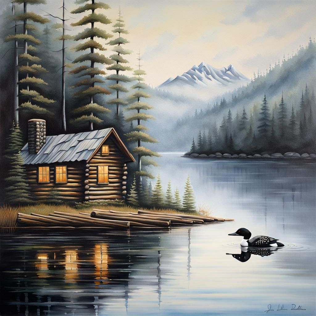 Loon on a lake lingering near log cabin