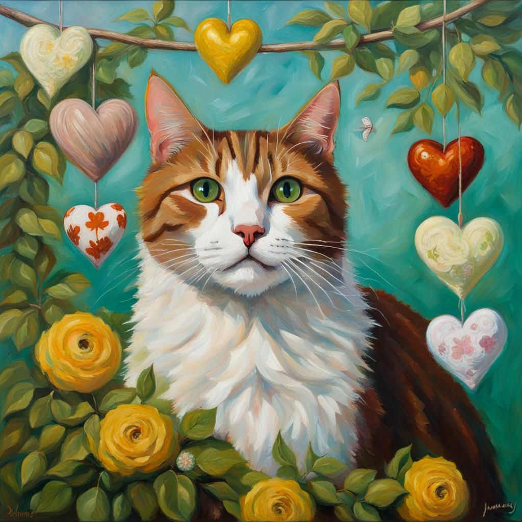 Gorgeous Cat Portrait with Fishbones Sky, Oil Painting