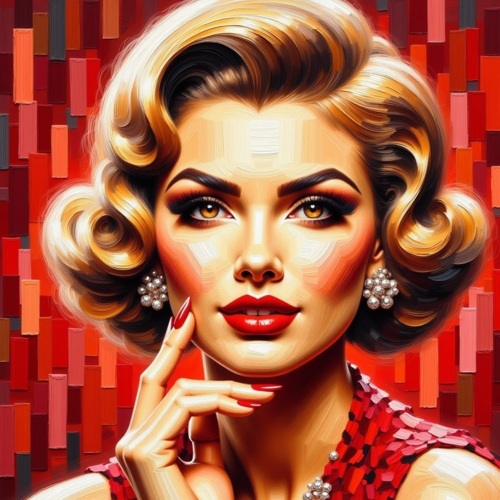 <lora:Oil:1.0> Impasto. Beautiful fifties film star. Crimson and cream colour way. 