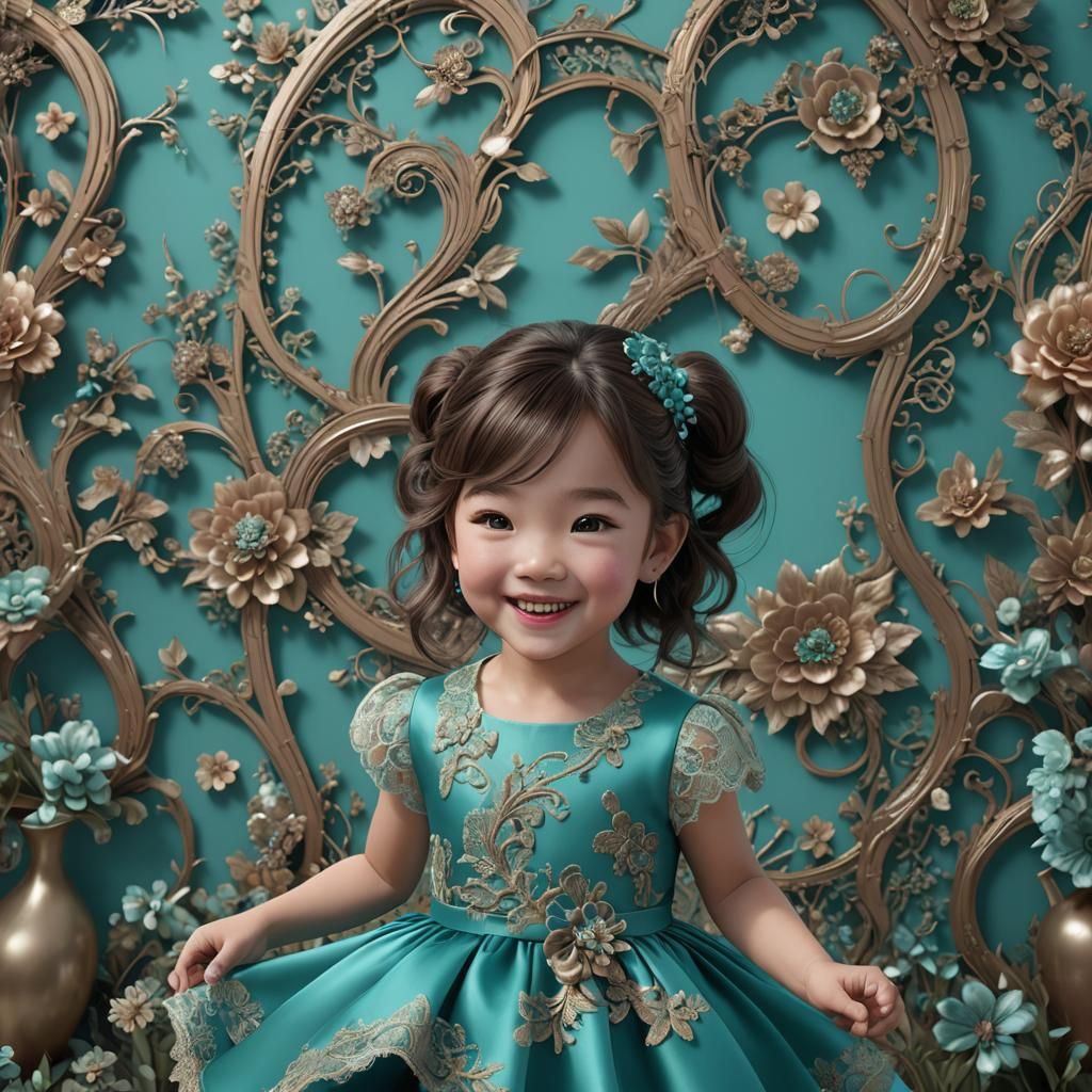 Toddler girl Asian brown hair smile lace satin party dress t...