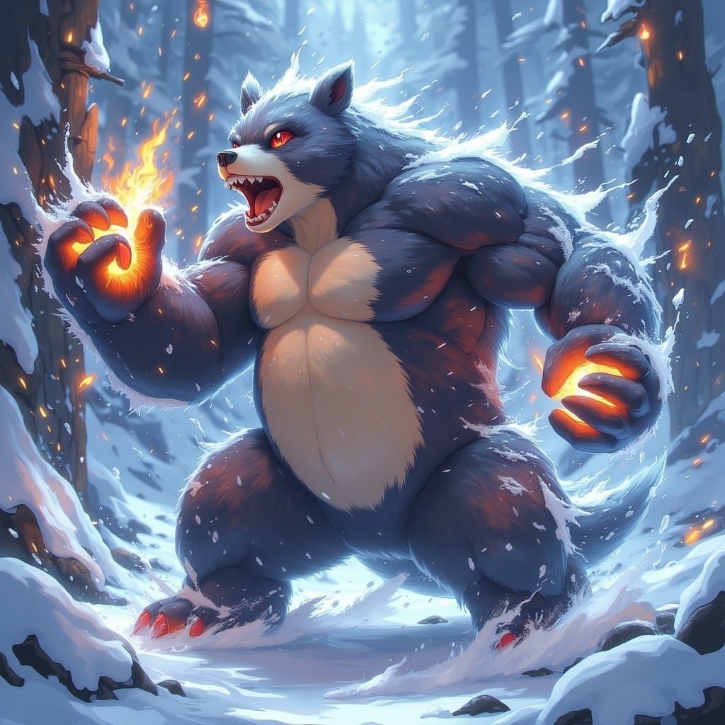 <lora:Fantasy Creatures:1.0> An Ice/Fighting-type bear Pokémon with thick fur and powerful punches, in the style of cartoon realism, disney...