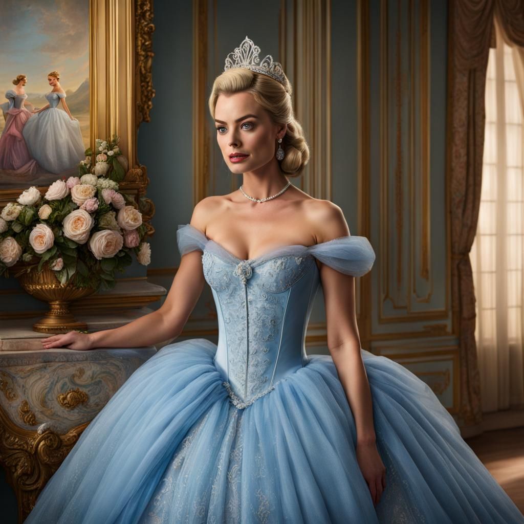 Hyperrealistic Margot Robbie as cinderella from disney, full...