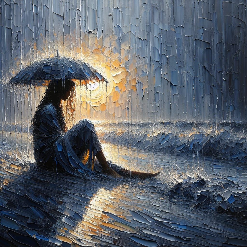 South Asian Woman on Rainy Beach: Impasto Oil Painting