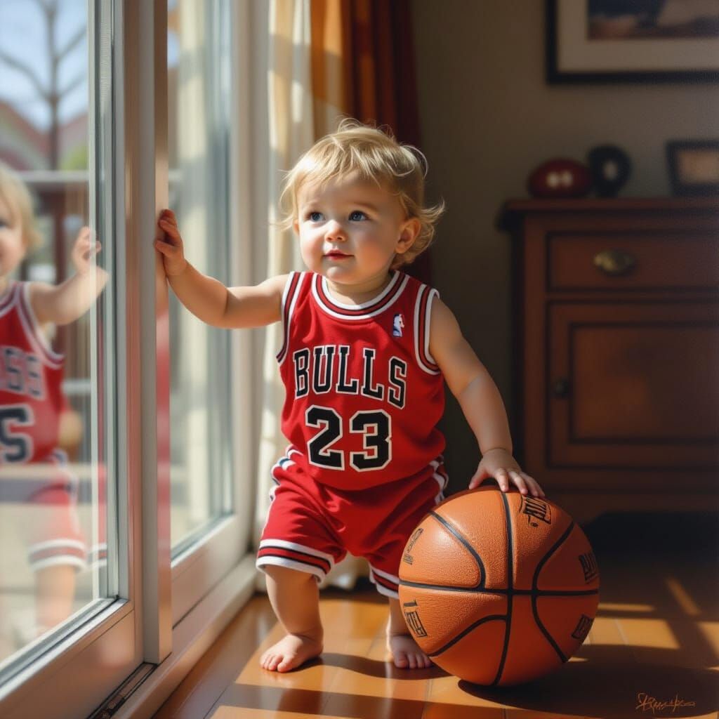 Toddler in a Chicago Bulls jersey, standing by a sliding glass door with his hands on a basketball.  by @Wycked 6