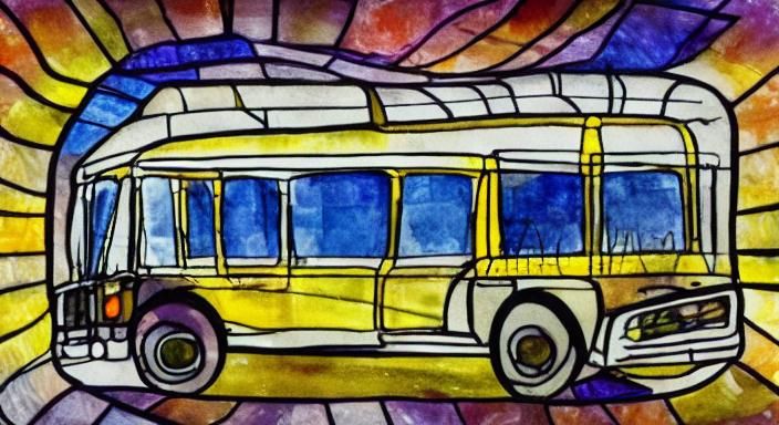 Yellow transit bus. Cityscape. Stained glass windows on the ...