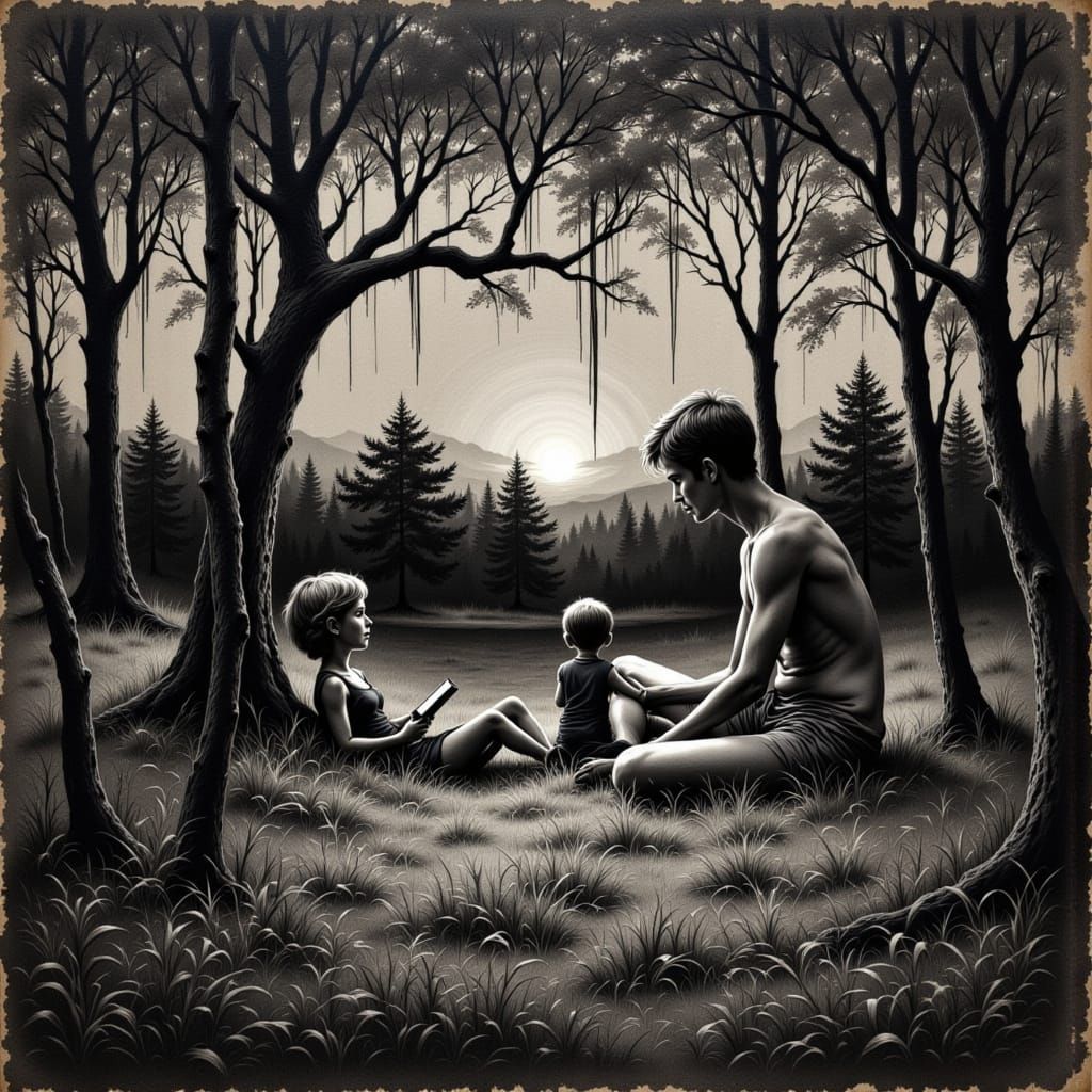 Impasto Scene of Silhouettes Sharing a Book