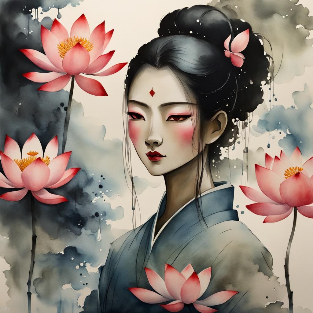 pretty water demon girl, lotus flower bunch, muted chinese i...
