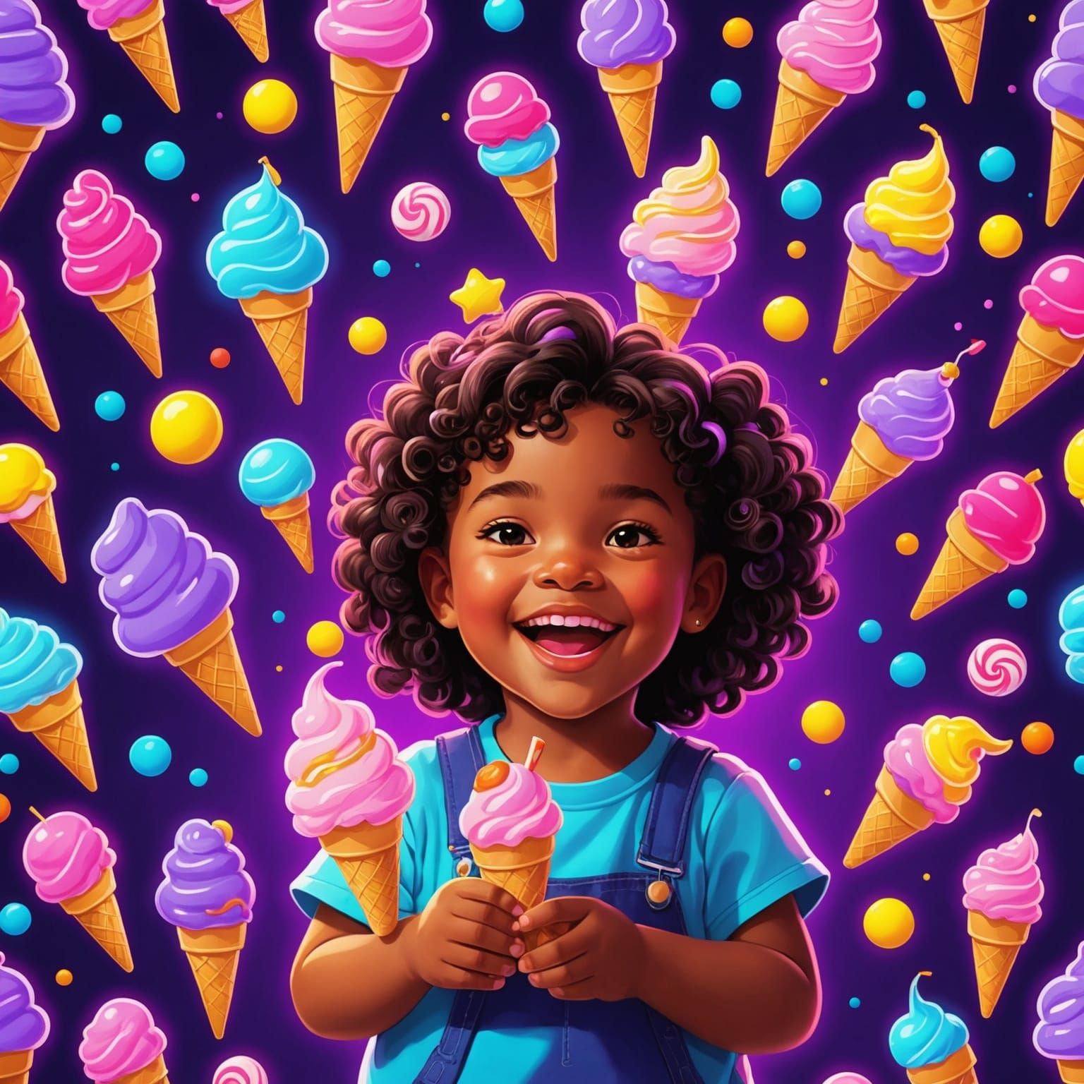"A joyful child in a neon cartoon style, holding a variety of glowing, animated treats such as ice cream, candy, and cotton candy. The treat...