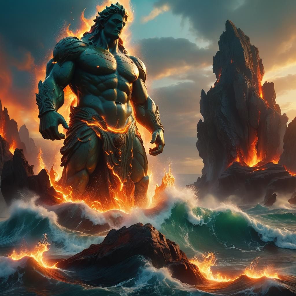 Colossal Stone Statue Amidst Fiery Waves