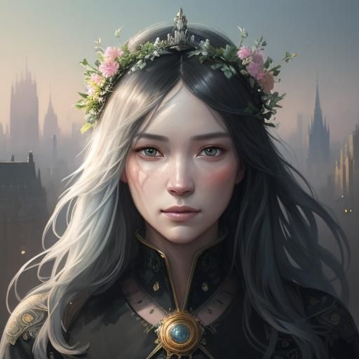 A woman with a floral crown blends with a dreamy cityscape f...