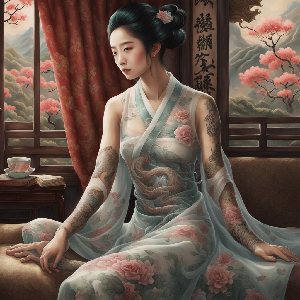 Tattooed Woman in Nightgown: Fantasy Art