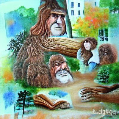 A Bigfoot renaissance painting storybook illustration trees ...