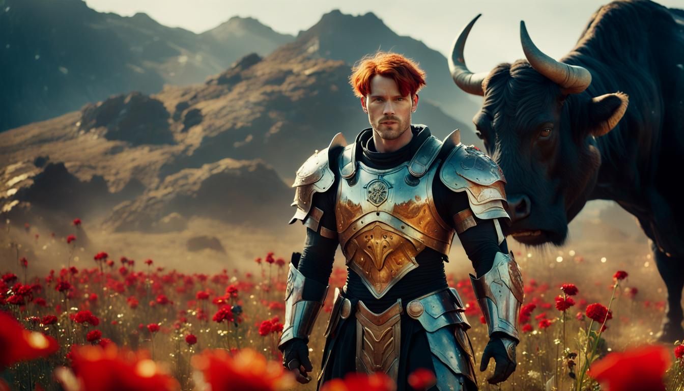 Mother Earth's warrior. Handsome man with pale skin and red ...