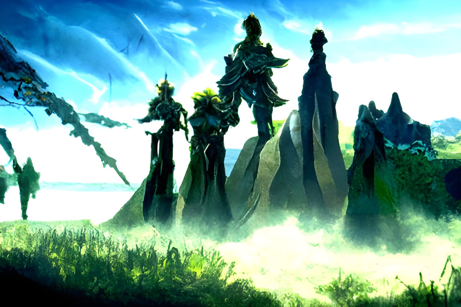 fantasy heroes standing in fantasy landscape looking powerfu...