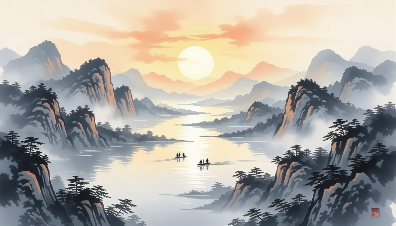 Yangtze River Sunrise Landscape in Chinese Ink Wash Style