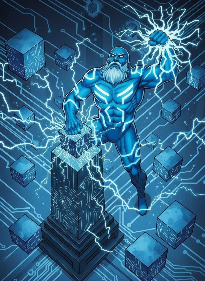 blue bald long bearded cyan humanoid with simplistic hero techno stripe lines on body, one fist up, wearing body suit,  standing on techno c...