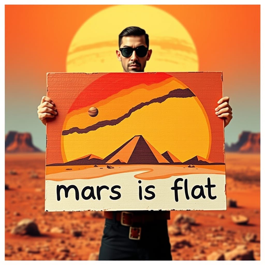planet mars demonstrator holds painted sign "mars is flat", mars landscape with base in background, orange sky