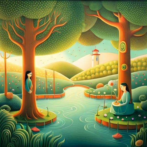 Countryside Village, nature swirling in harmony, plugging vi...