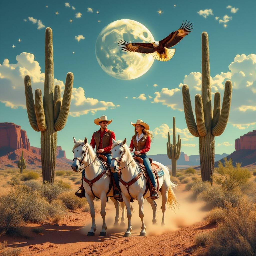 Стиль магического реализма.
Изобрази парня и девушку в классической ковбойской одежде, сидящих вместе на одном белом коне, в джинасах и крас...