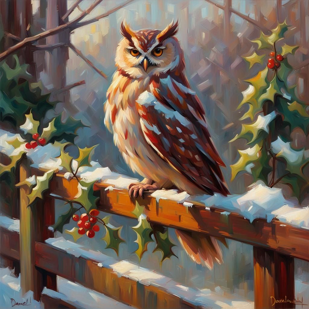 Owl on Fence in Impasto Oil Style