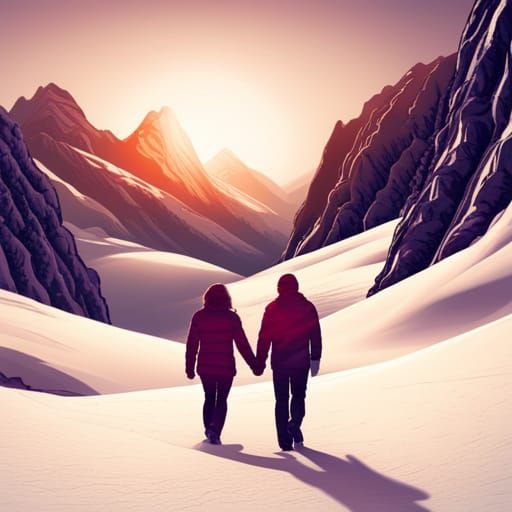 Please create a picture of a couple in the mountains, avalan...