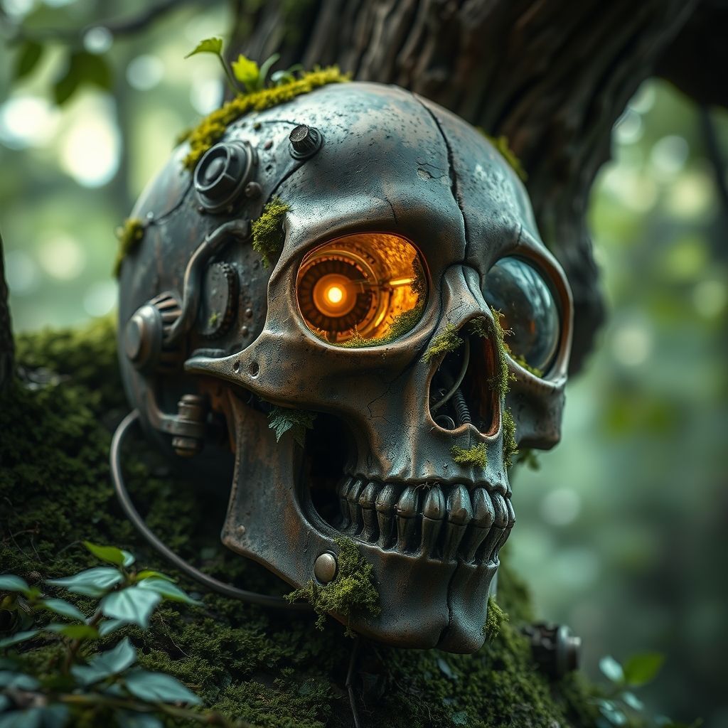 A close-up of a sculpture of a human skull in a forest.