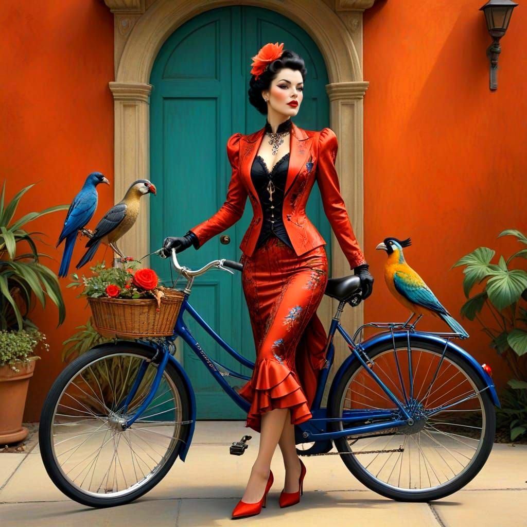 Gothic Goddess Pedals Through Enchanted Landscape in Vibrant...