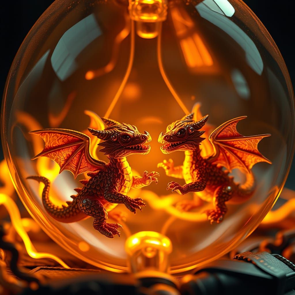 Miniature Dragons Trapped in a Glowing Light Bulb, Shimmerin...