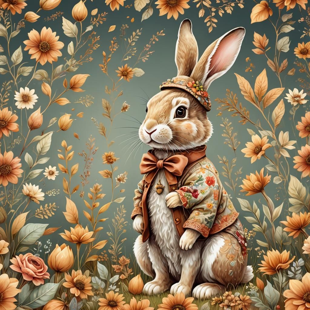 Whimsically Autumn Rabit Wearing Autumn bonnet with flowers ...