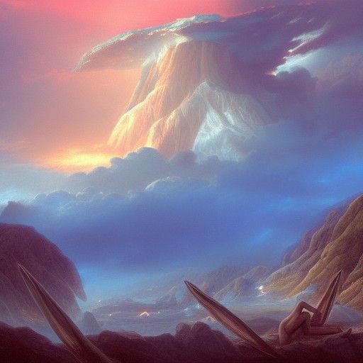Mount Olympus at sunset prehistoricore dreamcore fantasy thu...