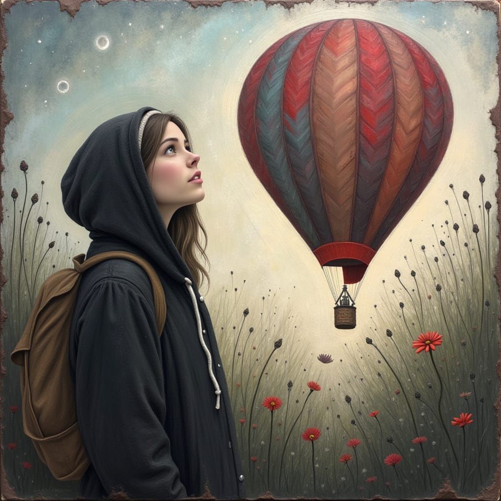 realistic young modern woman with hoodie looking at a hot air balloon, in an expressionist encaustic painting by Stewart Edmondson :: Peter ...