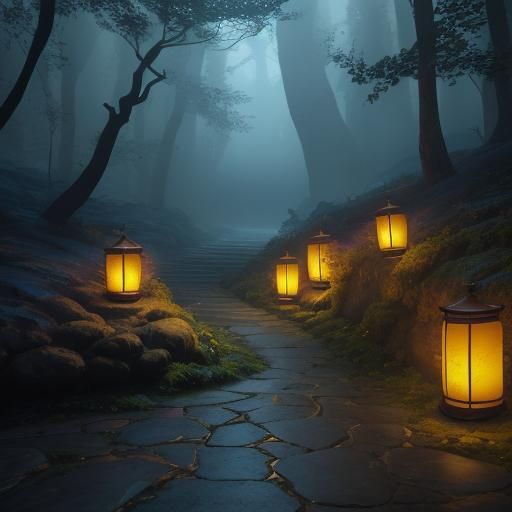 Vibrant fantasy concept art. Medium shot. Lanterns line a co...