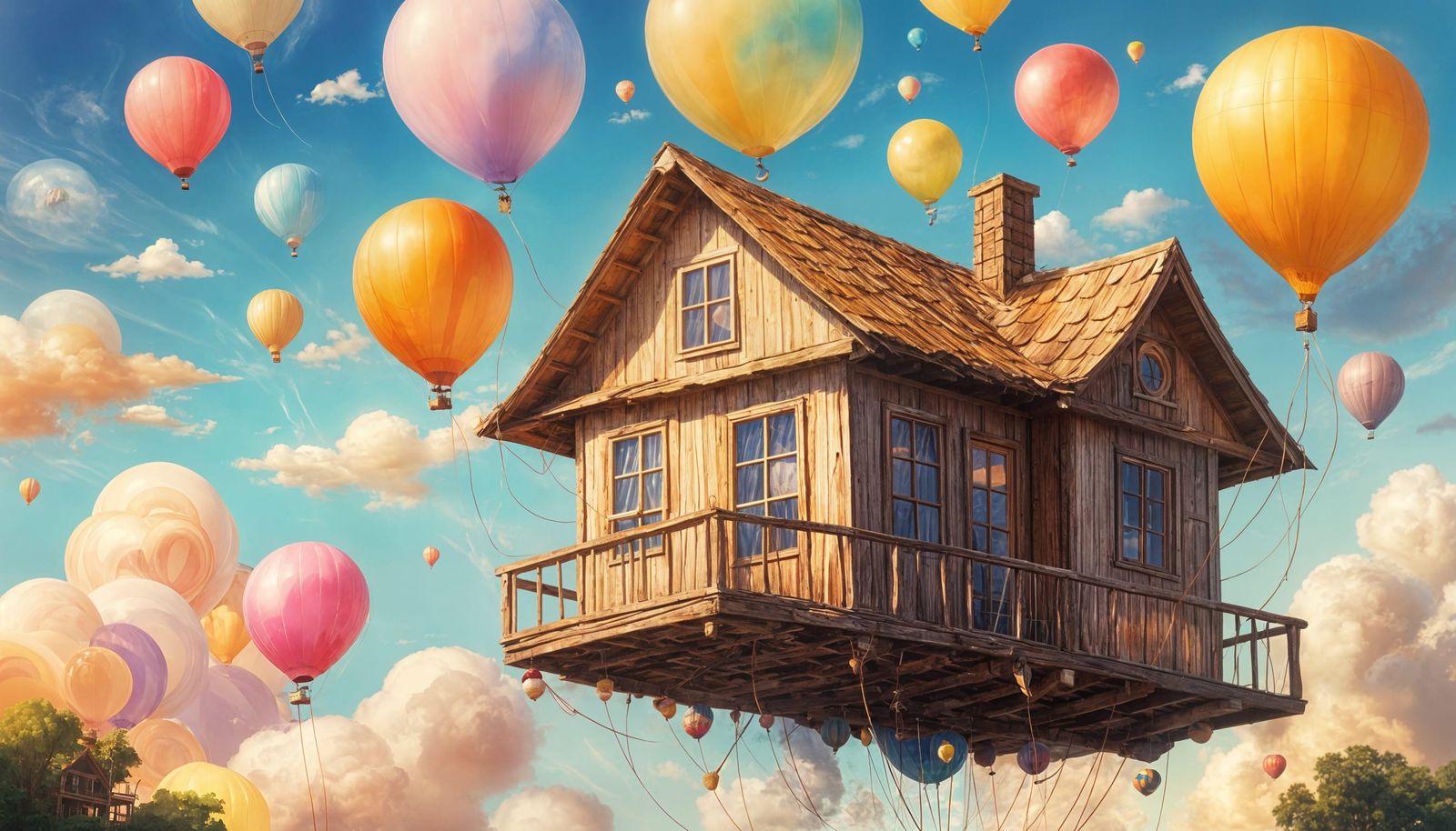A wooden, slightly old house in the sky where balloons carried the house into the sky, and the balloons ...  by @Mohammad Mahdi
