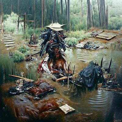 Samurai surrounded by corpses in a swamp, veteran Samurai, m...