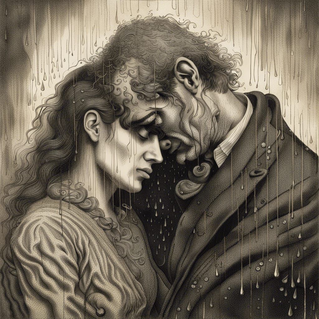Double exposure, hard rain falls only inside sad man portrai...