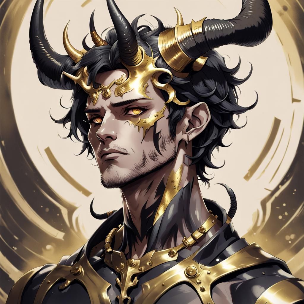 a male portrait of a man with horns on his head, in the style of anime ...