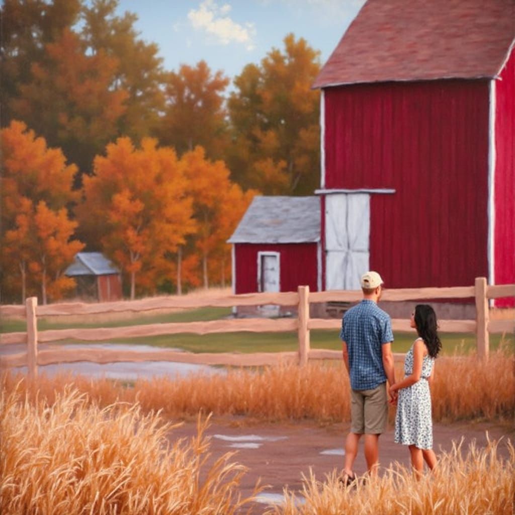 A woman in front of a red barn on a farm.