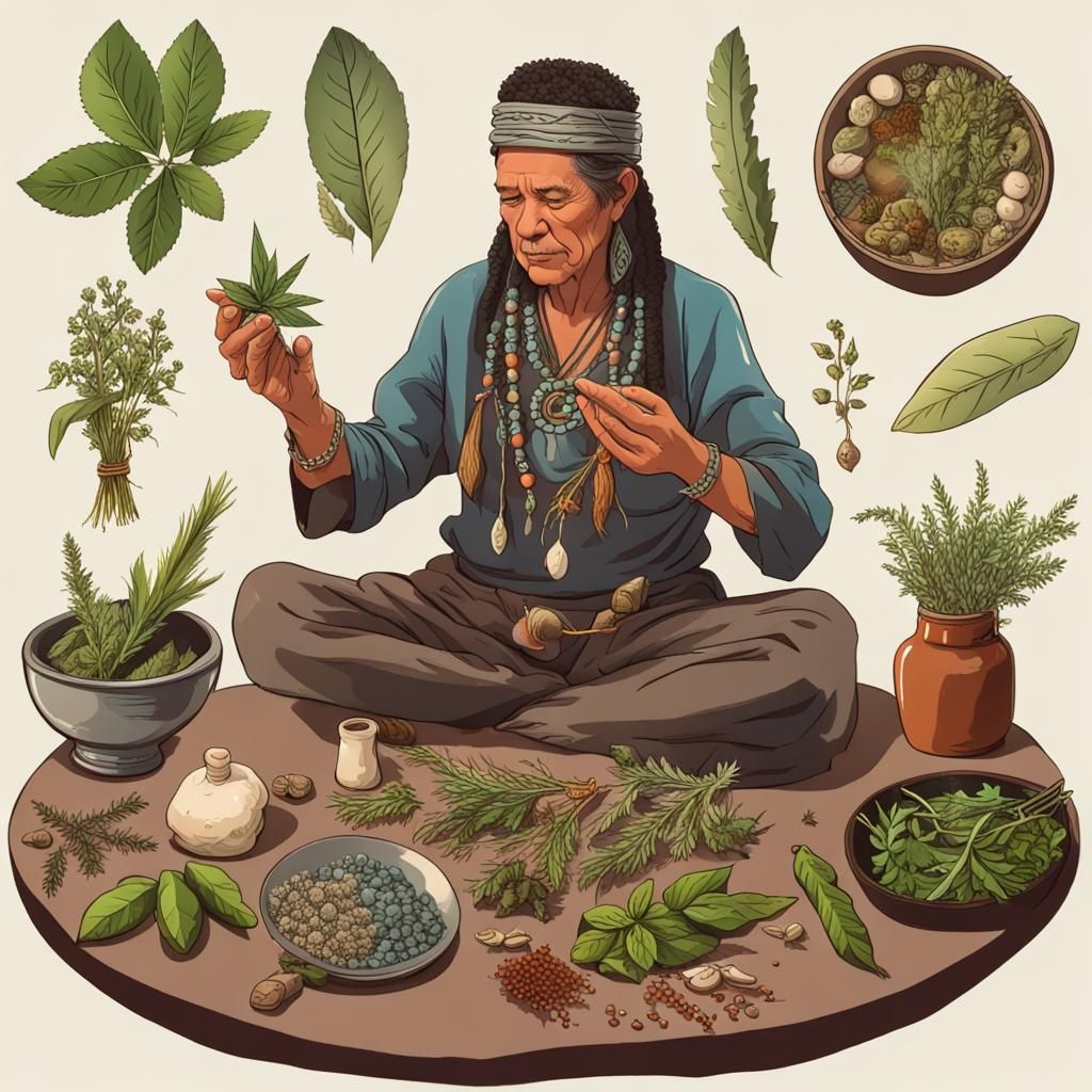 Shaman using magic healing herbs
