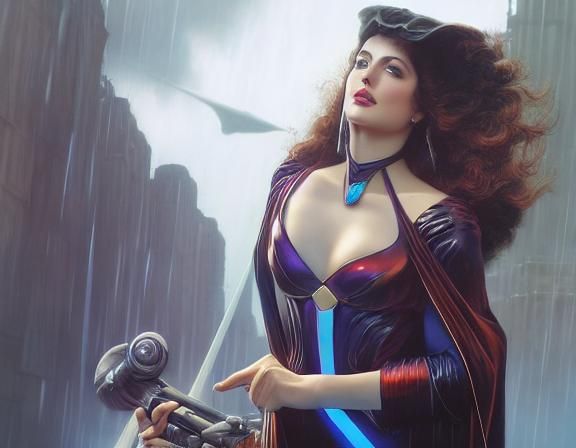 Medium shot of a female sci-fi protagonist in a cyberpunk ci...