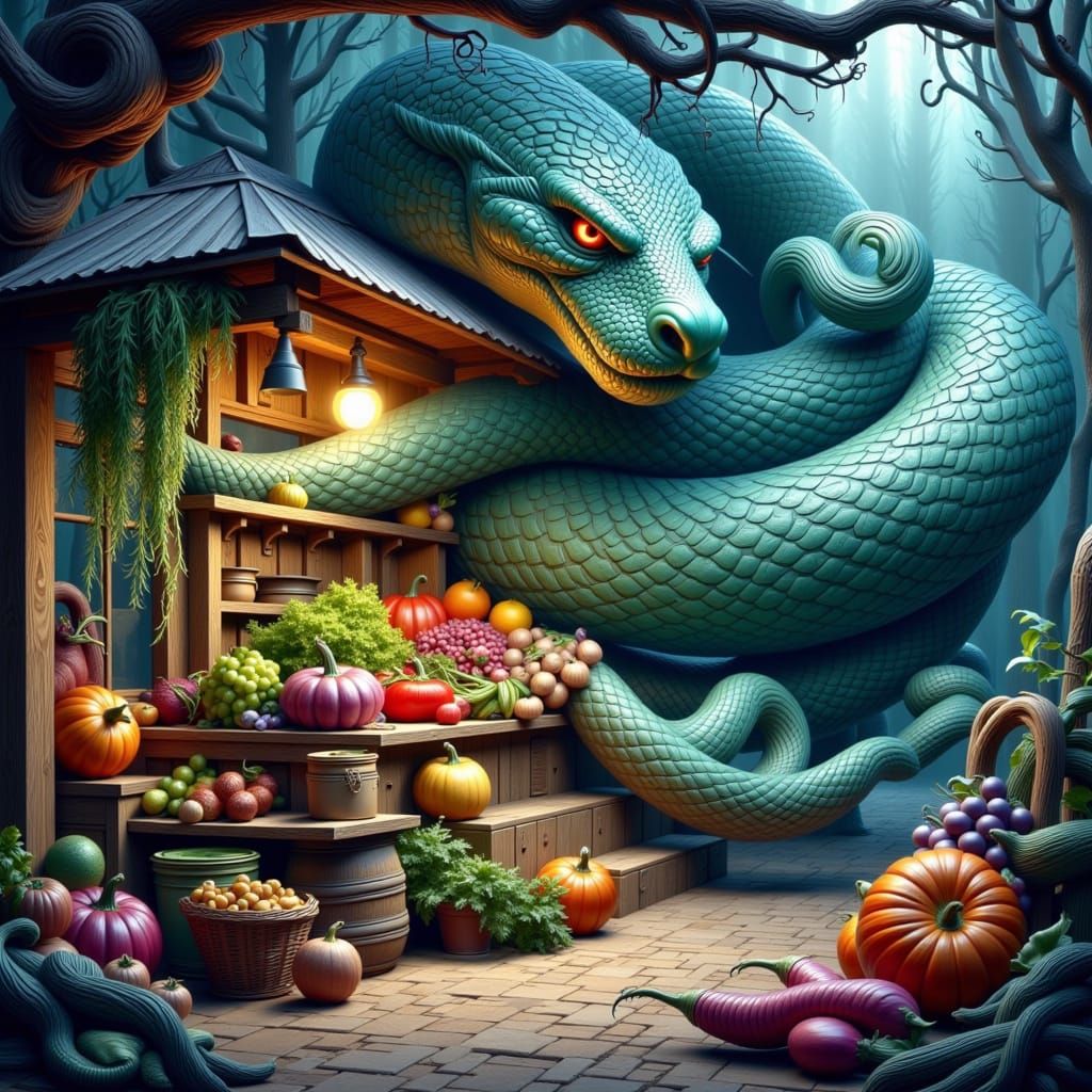Surrealism. Oil painting. A giant, ancient snake coiled around a rustic farmstand laden with oversized, dreamlike vegetables. The scene is b...