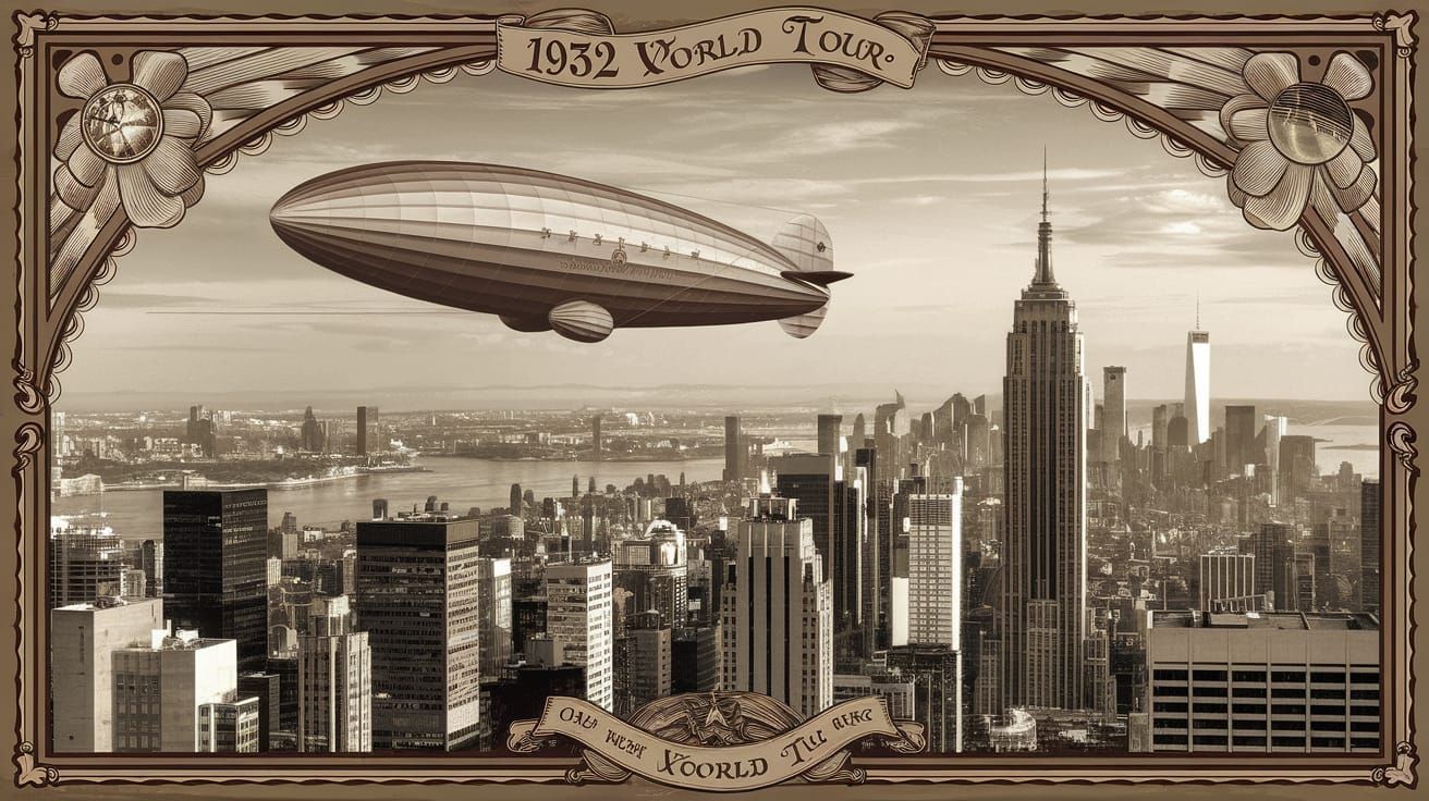 A Zeppelin soaring over New York on a old style sepia travel poster. The text decorative text says "1932 ...  by @BTMO