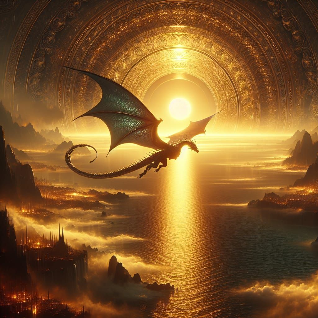 Море в лучах восхода и парящий над ним дракон
