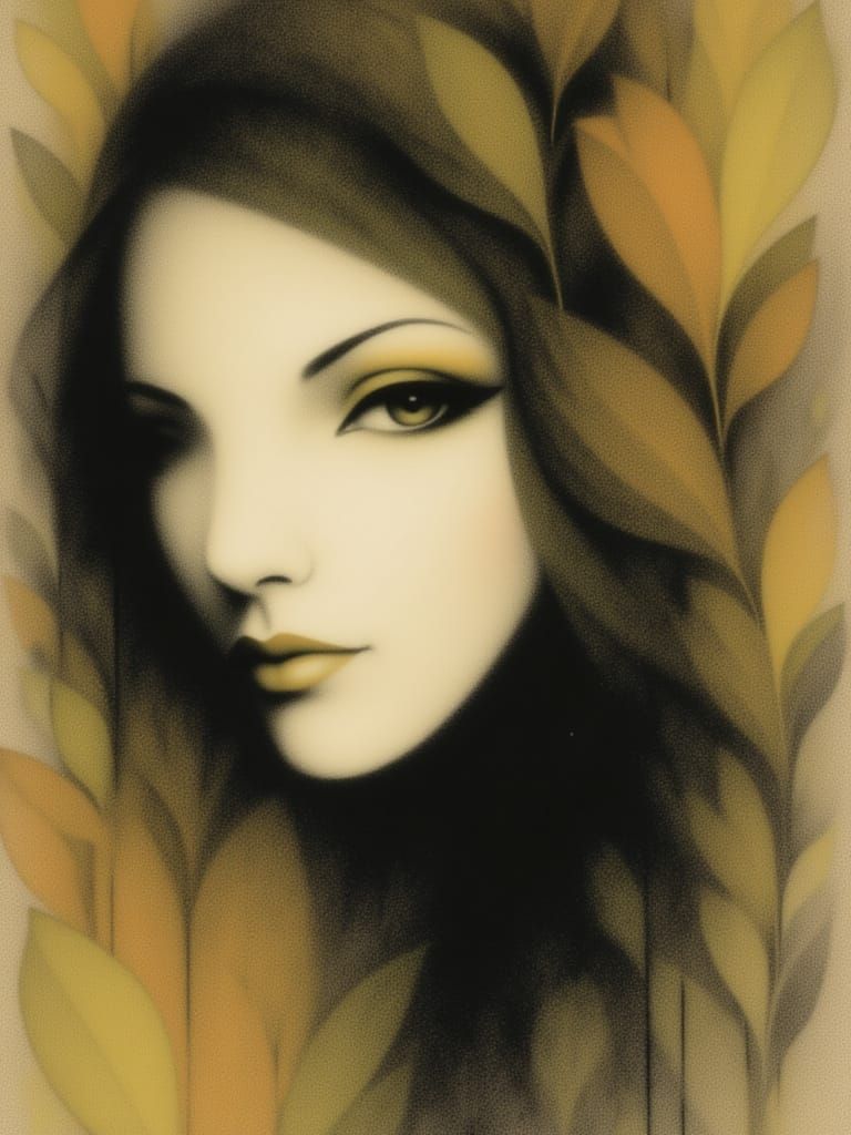 <lora:Blurred:1.0> <lora:Messy Chalk:1.0> female portrait, gothic style with art deco influences, lime and tan shapes in background