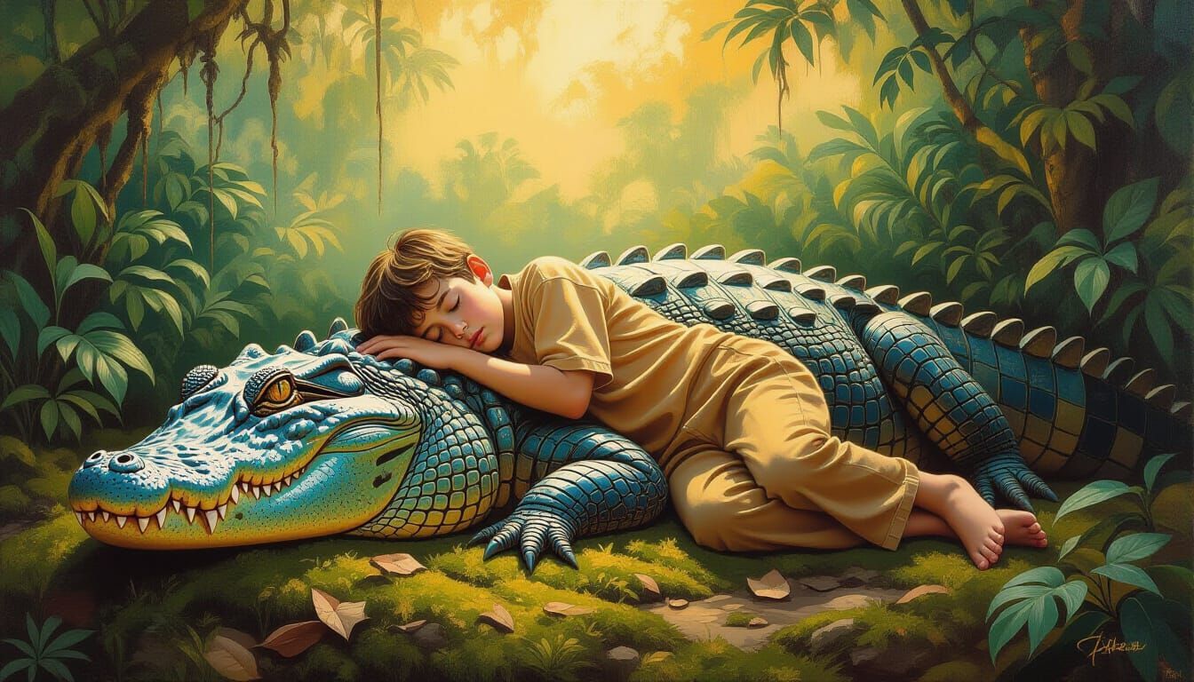 Boy and Crocodile in Jungle Oil Painting