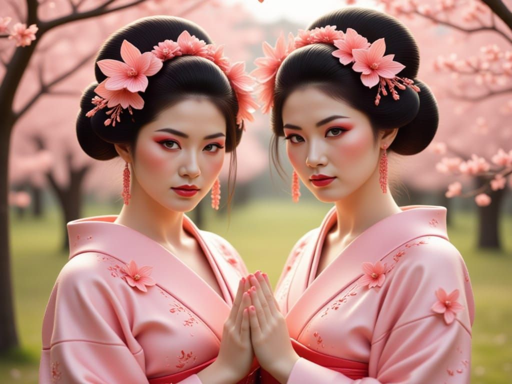 Duo Geisha with Cascading Cherry Blossom Rain
"A photorealistic duo of geisha with bold peach eyes and matching peach kimonos, high resoluti...